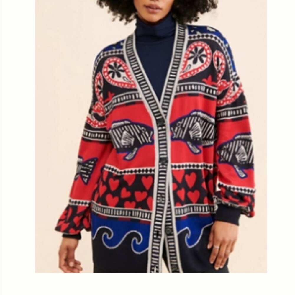 FARM Rio Navy Mixed Prints Fish Paisley Hearts Waves Knit Cardigan Nautical